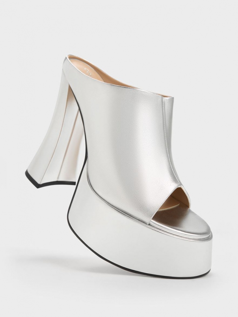 Mules Charles & Keith Delphine Piele Metallic Platforma Argintii | 691DYTCGR