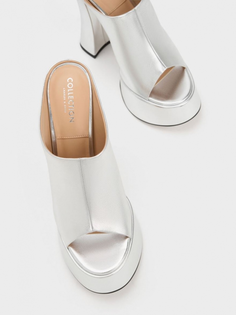 Mules Charles & Keith Delphine Piele Metallic Platforma Argintii | 691DYTCGR
