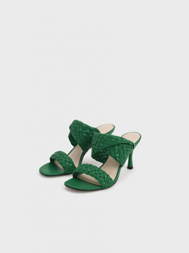 Mules Charles & Keith Double Curea Woven Toc Verzi | 714ZIVKYA