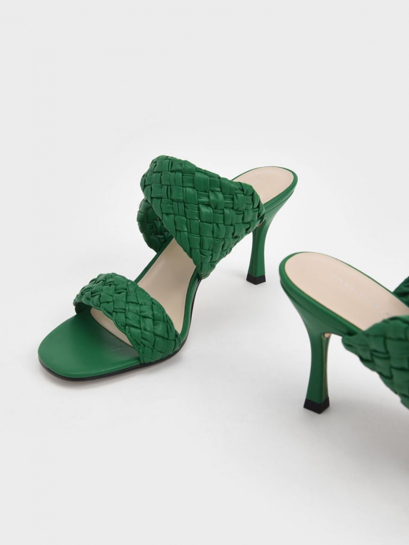 Mules Charles & Keith Double Curea Woven Toc Verzi | 714ZIVKYA