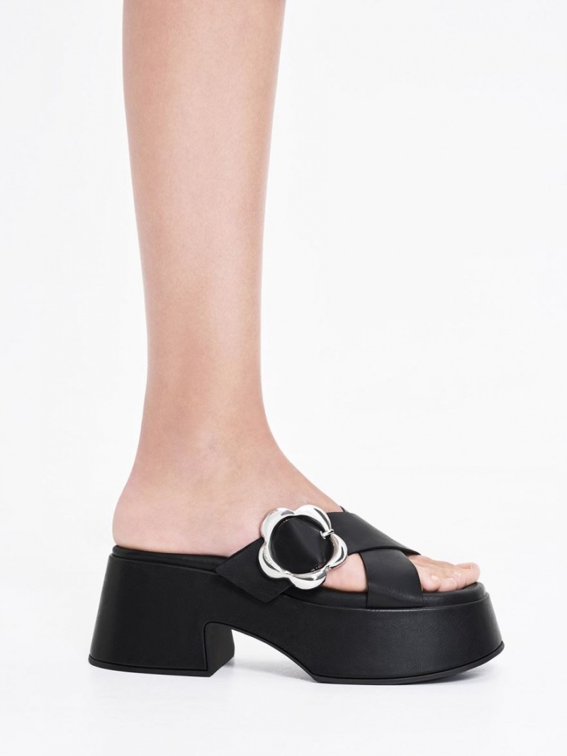 Mules Charles & Keith Flower-Cu Catarama Crossover Platforma Negrii | 548RPMJOV