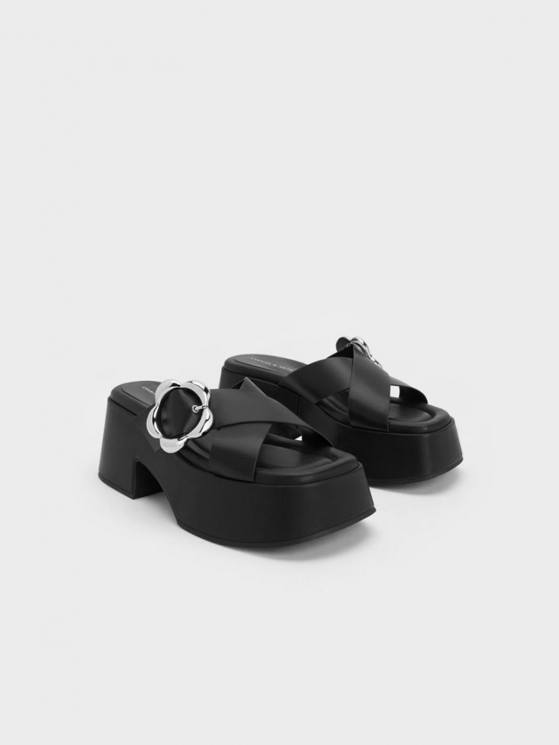 Mules Charles & Keith Flower-Cu Catarama Crossover Platforma Negrii | 548RPMJOV