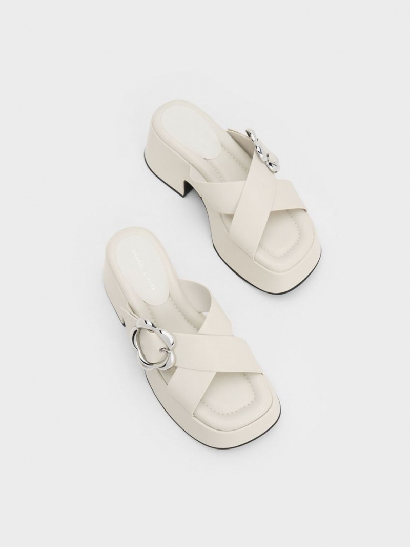 Mules Charles & Keith Flower-Cu Catarama Crossover Platforma Albi | 617URYHIK