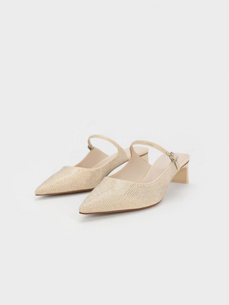 Mules Charles & Keith Gem-Embellished Blade Heel Bej | 708OWNGLY