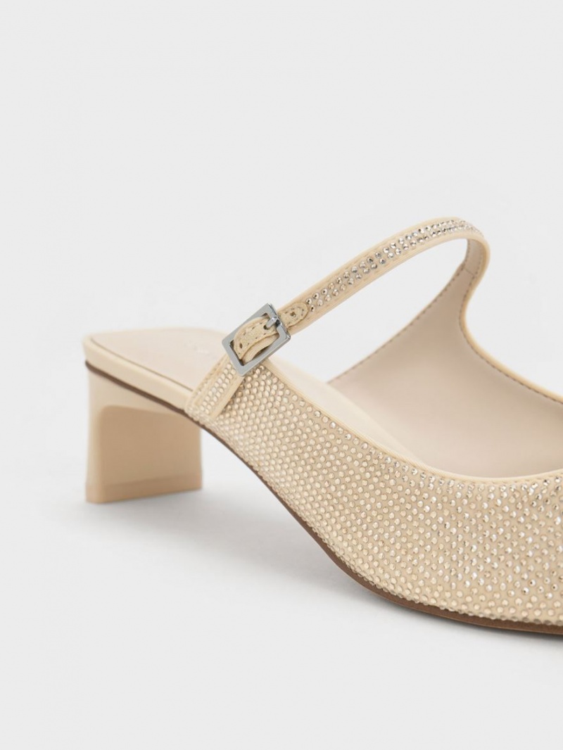 Mules Charles & Keith Gem-Embellished Blade Heel Bej | 708OWNGLY