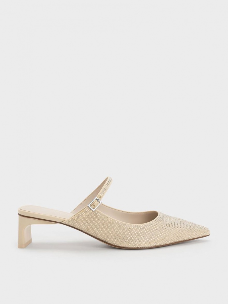 Mules Charles & Keith Gem-Embellished Blade Heel Bej | 708OWNGLY