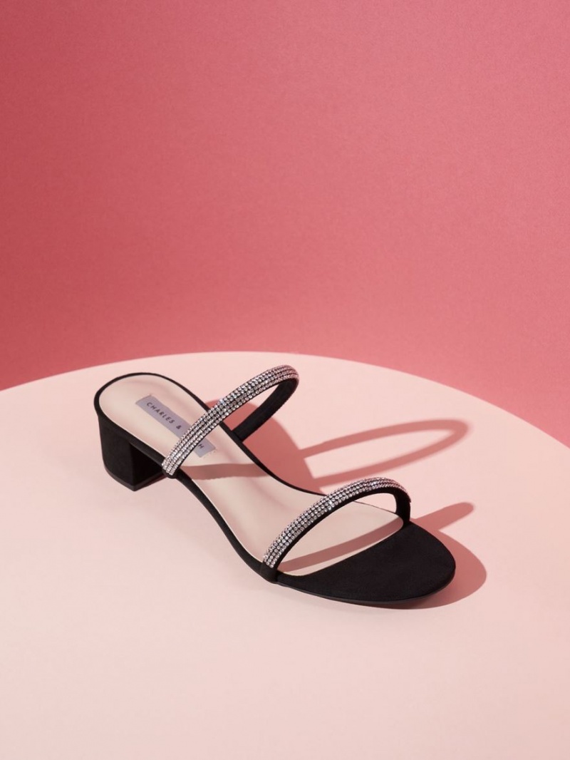 Mules Charles & Keith Gem-Encrusted Cu Bretele Toc Negrii | 801YCJFOE