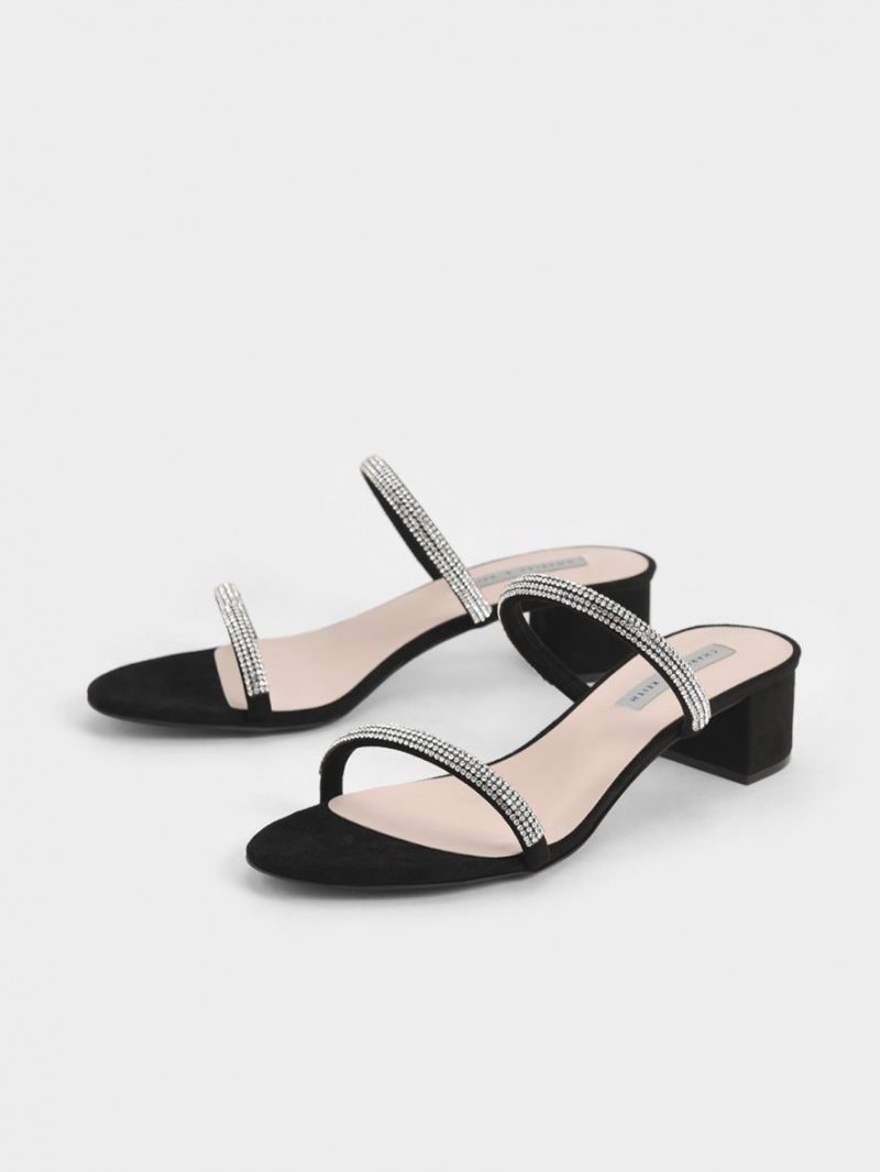 Mules Charles & Keith Gem-Encrusted Cu Bretele Toc Negrii | 801YCJFOE