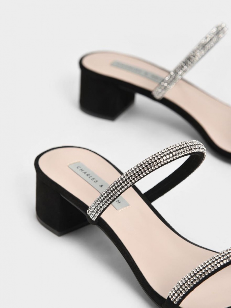 Mules Charles & Keith Gem-Encrusted Cu Bretele Toc Negrii | 801YCJFOE