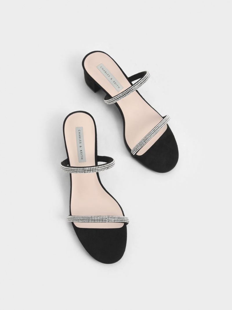 Mules Charles & Keith Gem-Encrusted Cu Bretele Toc Negrii | 801YCJFOE
