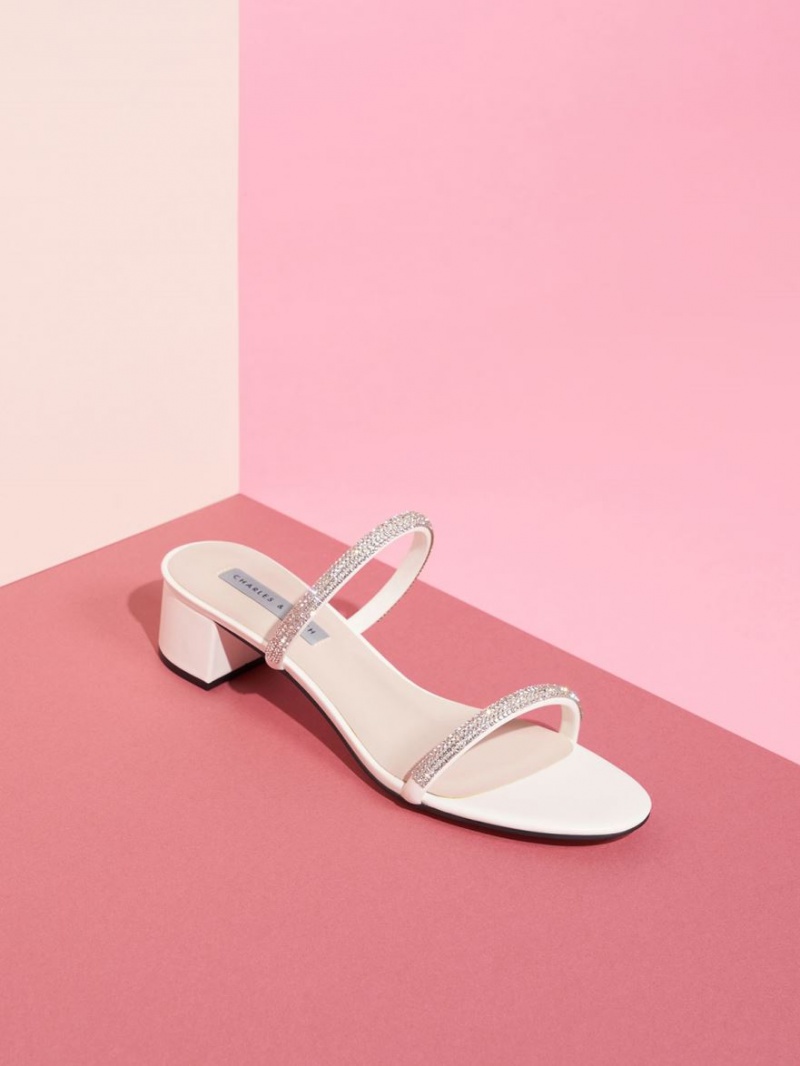 Mules Charles & Keith Gem-Encrusted Cu Bretele Toc Albi | 234QCBLME