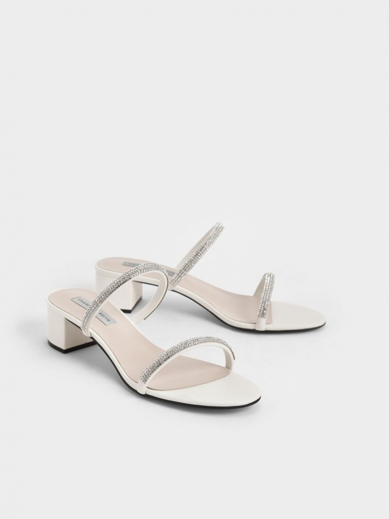 Mules Charles & Keith Gem-Encrusted Cu Bretele Toc Albi | 234QCBLME