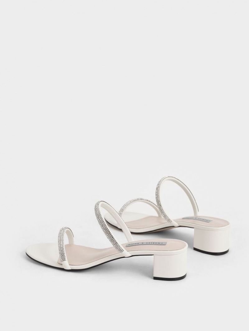Mules Charles & Keith Gem-Encrusted Cu Bretele Toc Albi | 234QCBLME