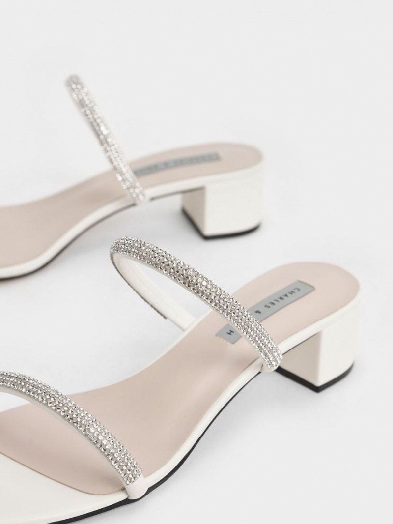 Mules Charles & Keith Gem-Encrusted Cu Bretele Toc Albi | 234QCBLME