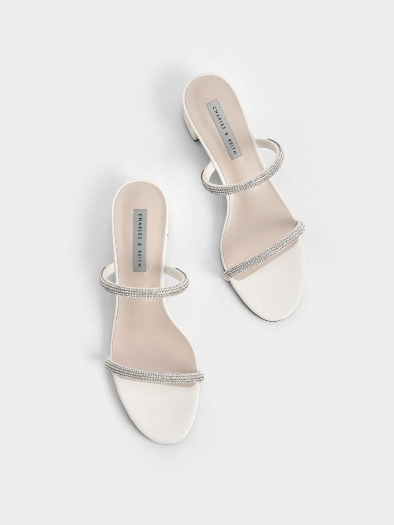 Mules Charles & Keith Gem-Encrusted Cu Bretele Toc Albi | 234QCBLME
