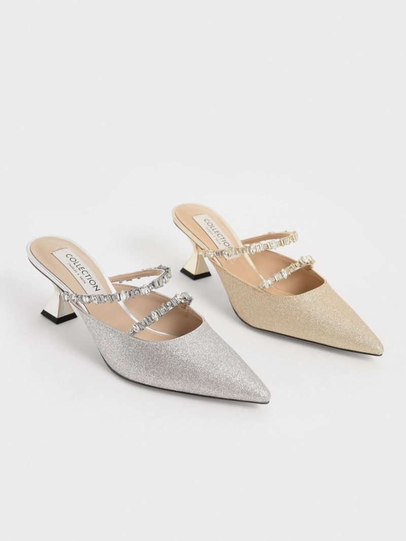Mules Charles & Keith Gem-Encrusted Metallic Glittered Aurii | 046GWBECO