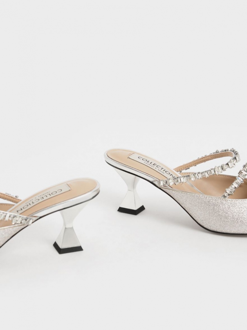 Mules Charles & Keith Gem-Encrusted Metallic Glittered Argintii | 840DAPIXS