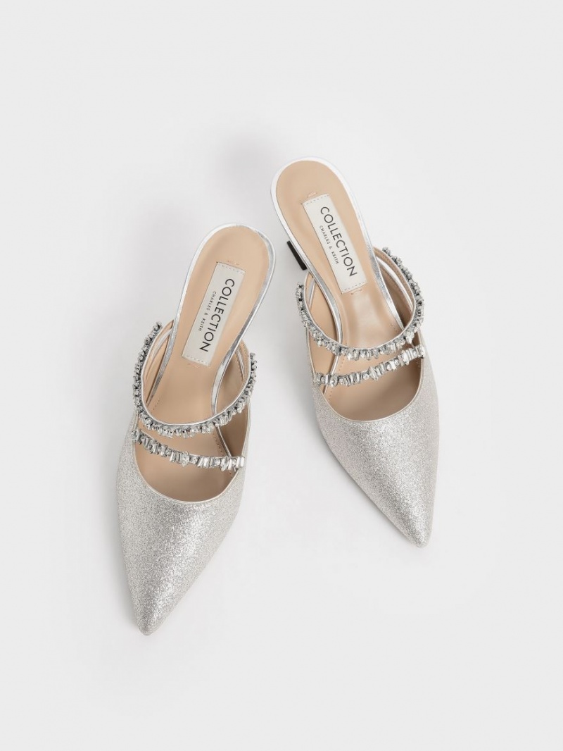 Mules Charles & Keith Gem-Encrusted Metallic Glittered Argintii | 840DAPIXS