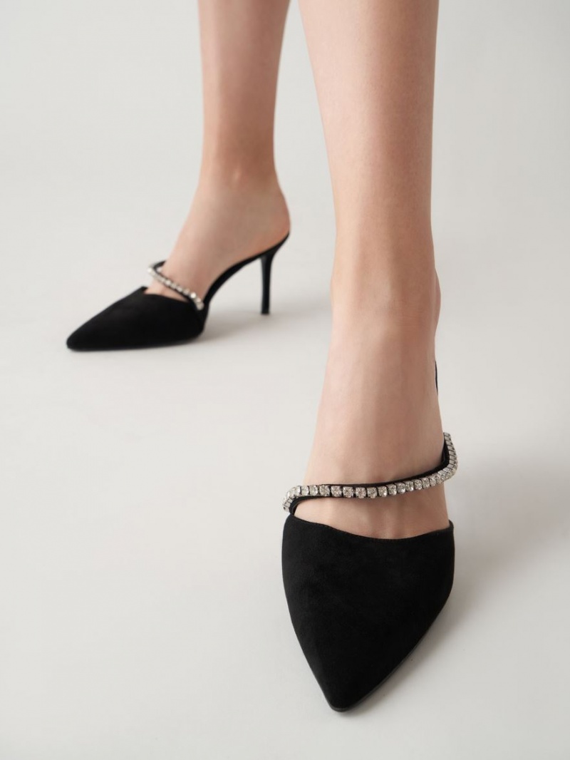 Mules Charles & Keith Gem-Encrusted Textured Stiletto Negrii | 073SCAFUJ