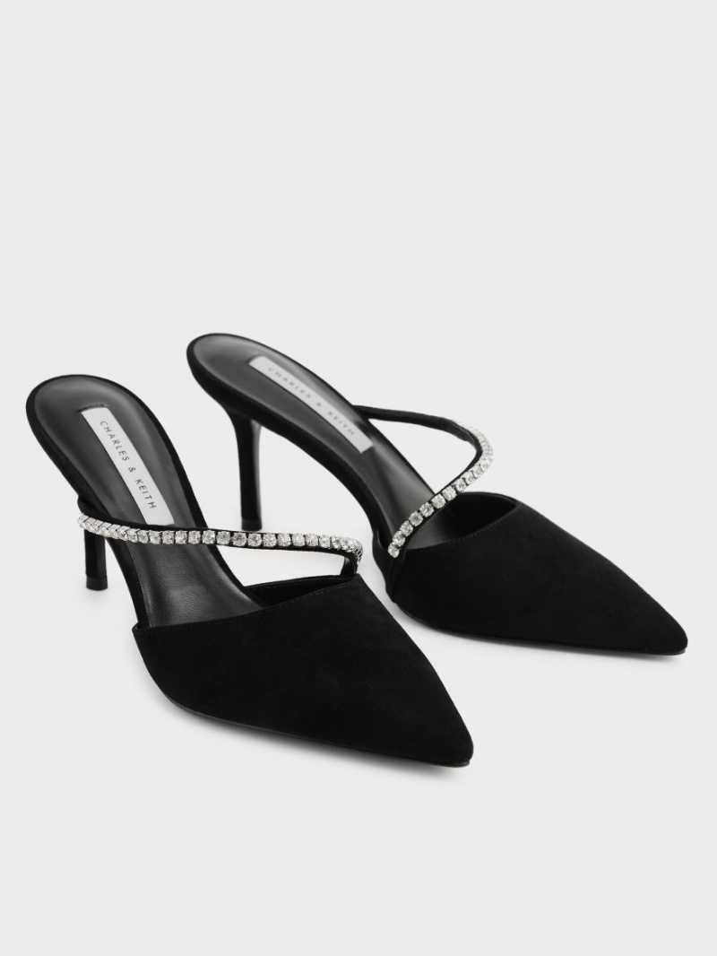 Mules Charles & Keith Gem-Encrusted Textured Stiletto Negrii | 073SCAFUJ