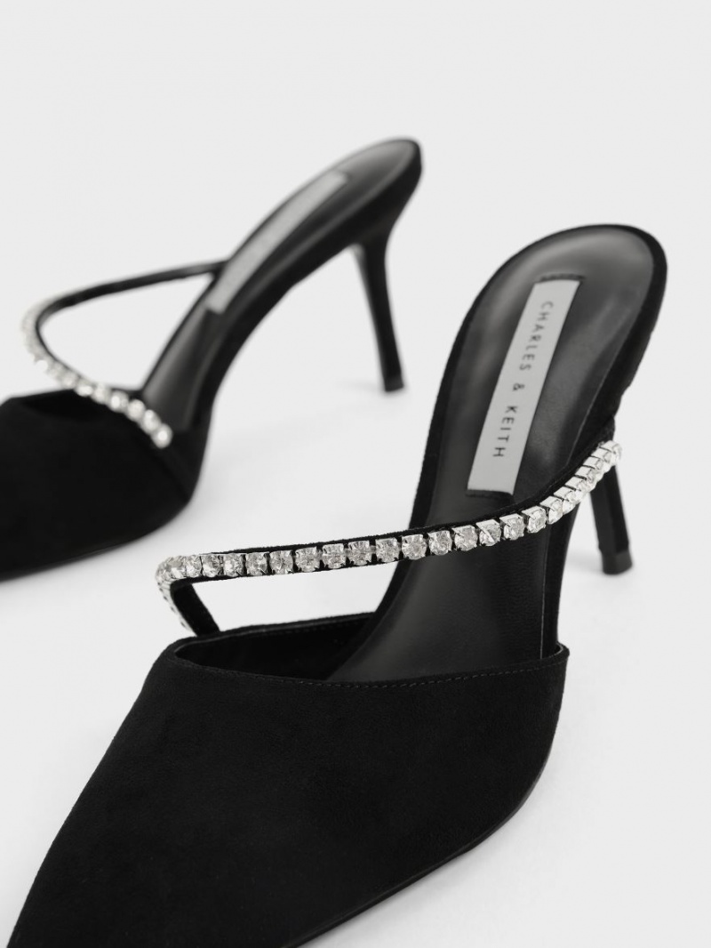 Mules Charles & Keith Gem-Encrusted Textured Stiletto Negrii | 073SCAFUJ