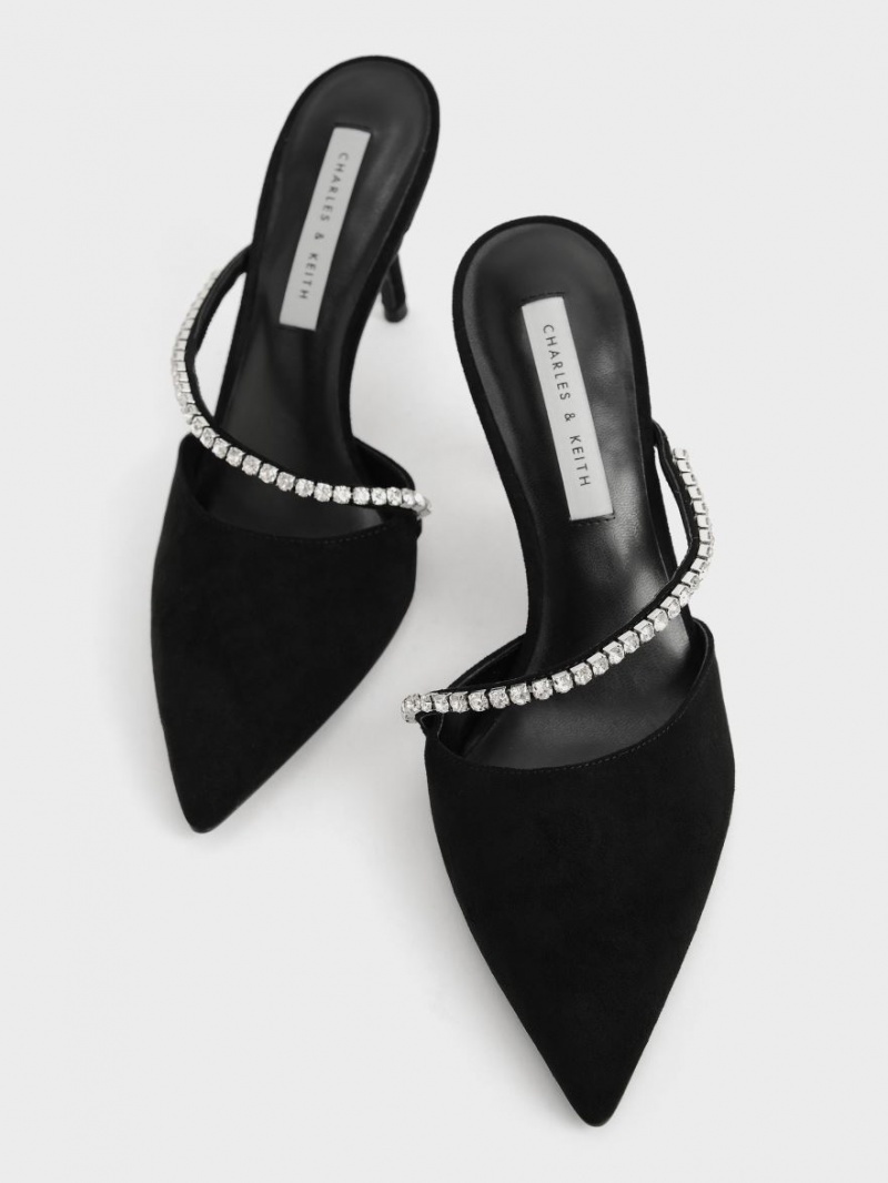 Mules Charles & Keith Gem-Encrusted Textured Stiletto Negrii | 073SCAFUJ
