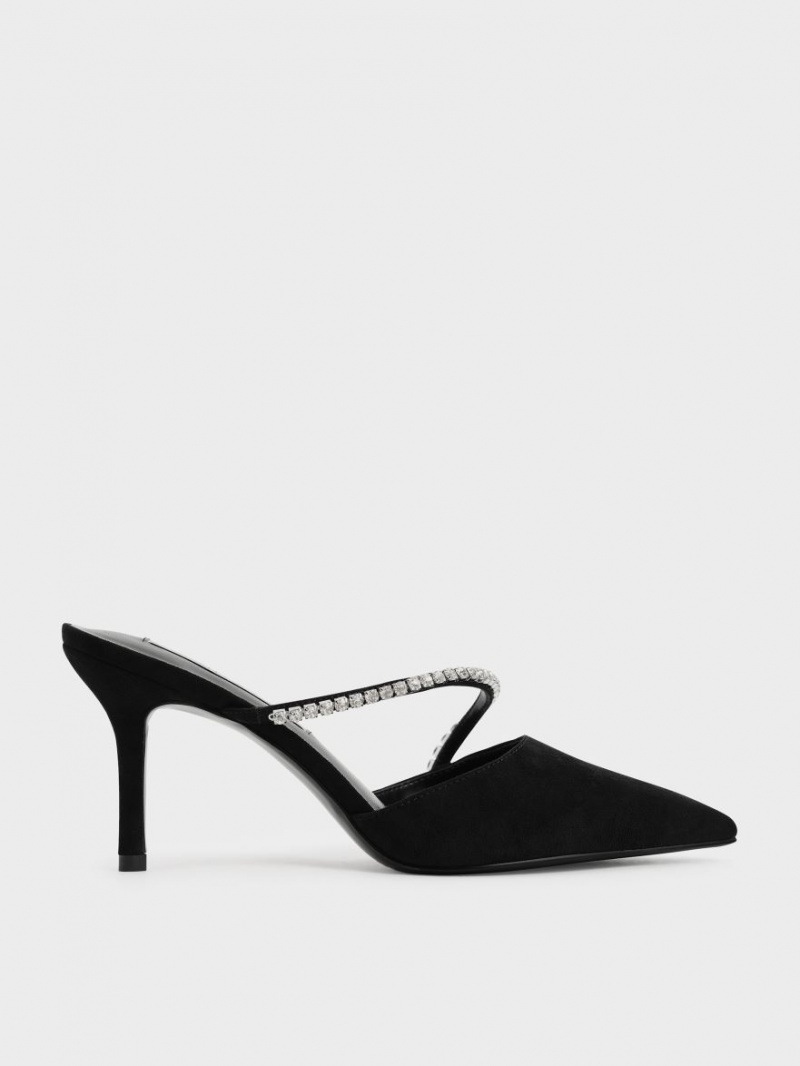 Mules Charles & Keith Gem-Encrusted Textured Stiletto Negrii | 073SCAFUJ