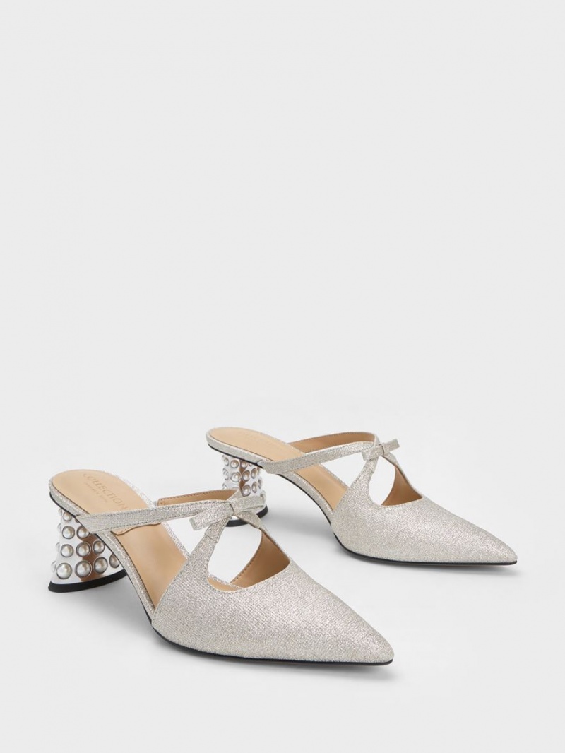 Mules Charles & Keith Jacinda Beaded Heel Glittered Bow Argintii | 742BSFNZT
