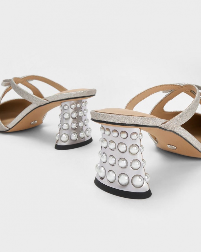 Mules Charles & Keith Jacinda Beaded Heel Glittered Bow Argintii | 742BSFNZT