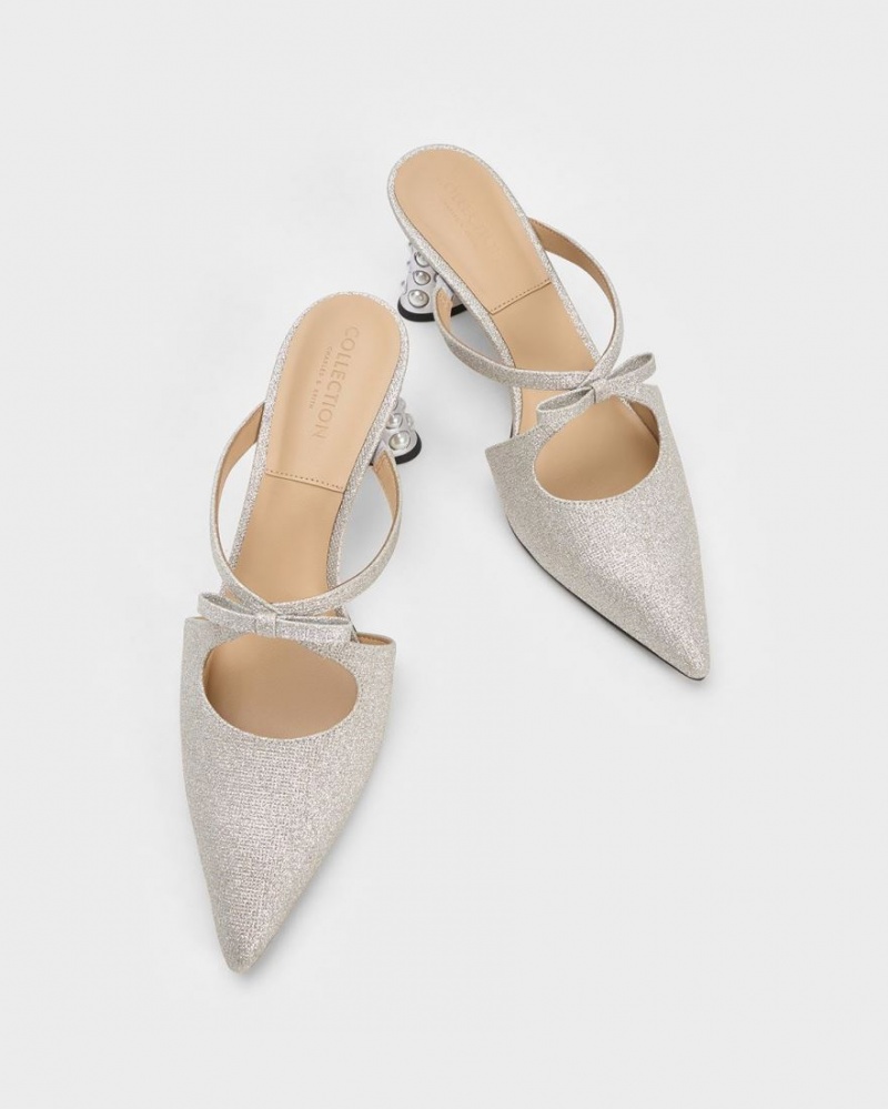 Mules Charles & Keith Jacinda Beaded Heel Glittered Bow Argintii | 742BSFNZT
