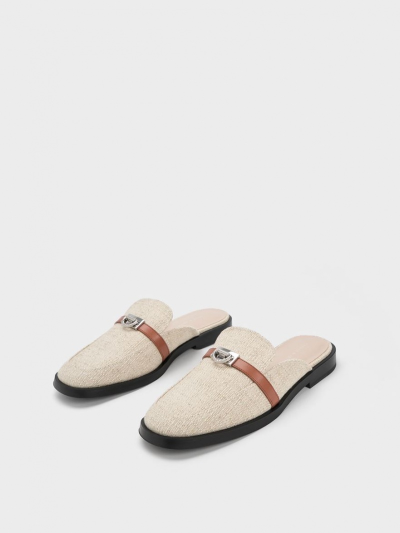 Mules Charles & Keith Metallic Accent Linen Loafer Bej | 368ISHRMK