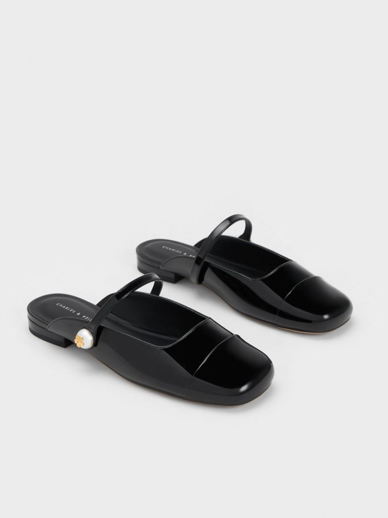 Mules Charles & Keith Pearl Embellished Lacuita Plati Negrii | 518CEOYGU