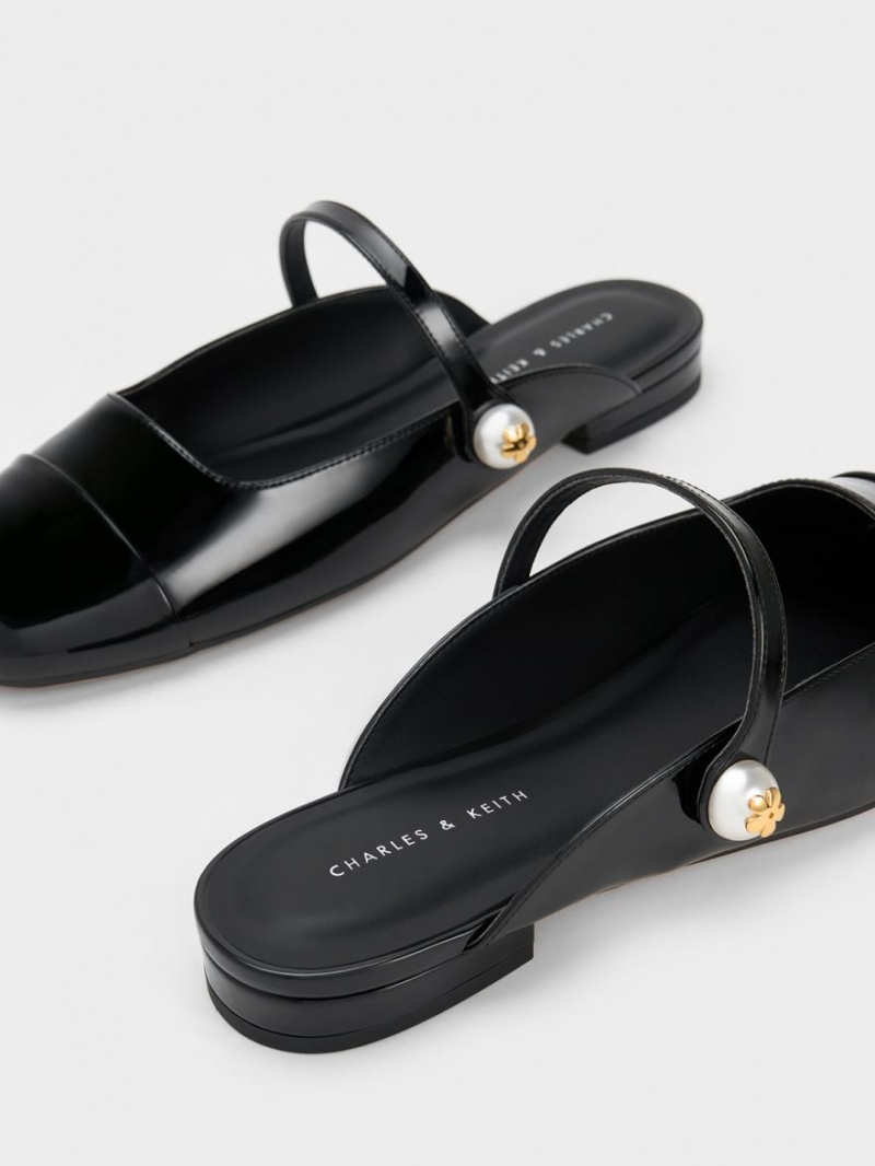 Mules Charles & Keith Pearl Embellished Lacuita Plati Negrii | 518CEOYGU
