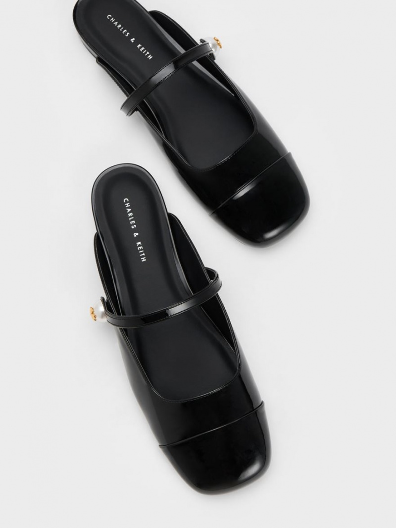 Mules Charles & Keith Pearl Embellished Lacuita Plati Negrii | 518CEOYGU