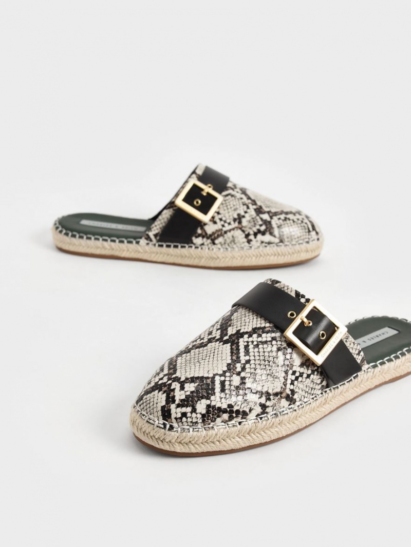 Mules Charles & Keith Snake-Print Buckled Espadrile Bej | 475TQFOZG