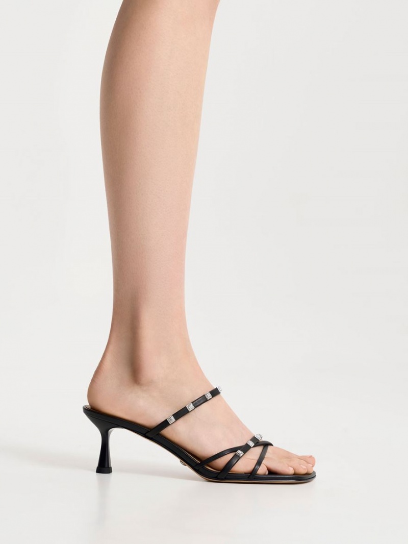 Mules Charles & Keith Square Crystal-Embellished Piele Toc Negrii | 317GZPMIR
