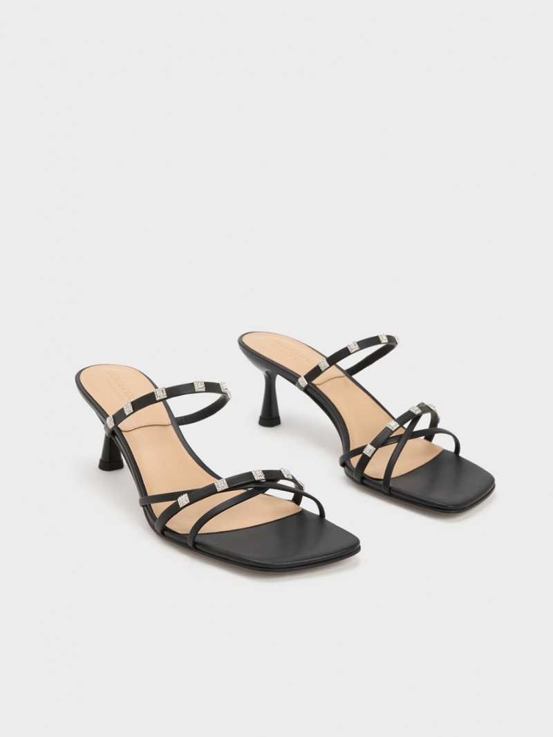 Mules Charles & Keith Square Crystal-Embellished Piele Toc Negrii | 317GZPMIR