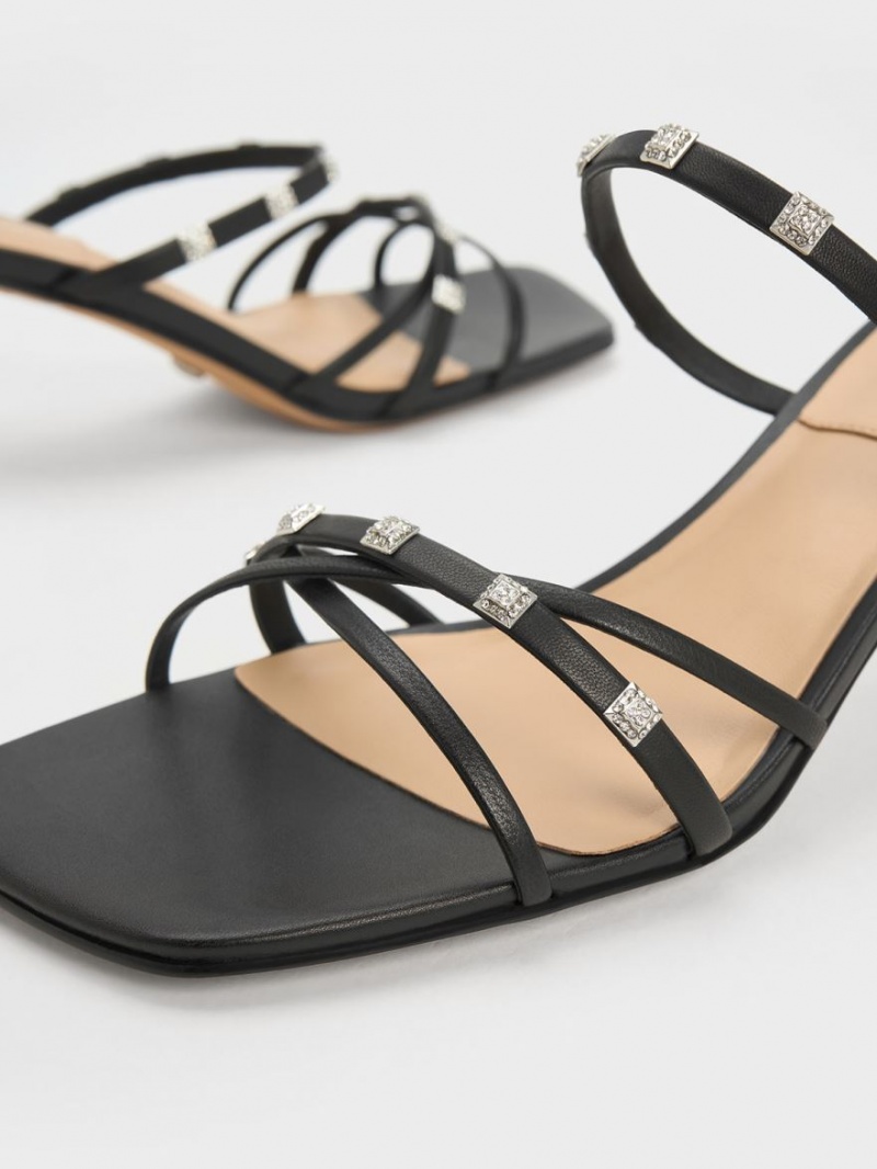 Mules Charles & Keith Square Crystal-Embellished Piele Toc Negrii | 317GZPMIR