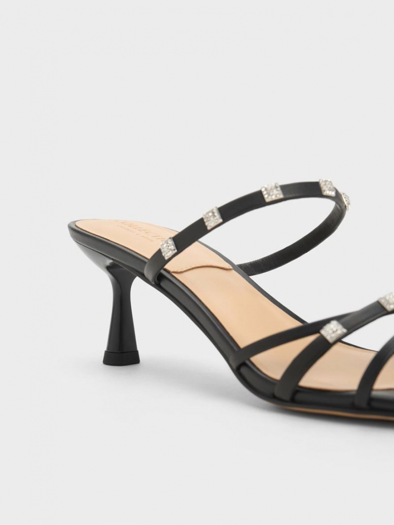 Mules Charles & Keith Square Crystal-Embellished Piele Toc Negrii | 317GZPMIR