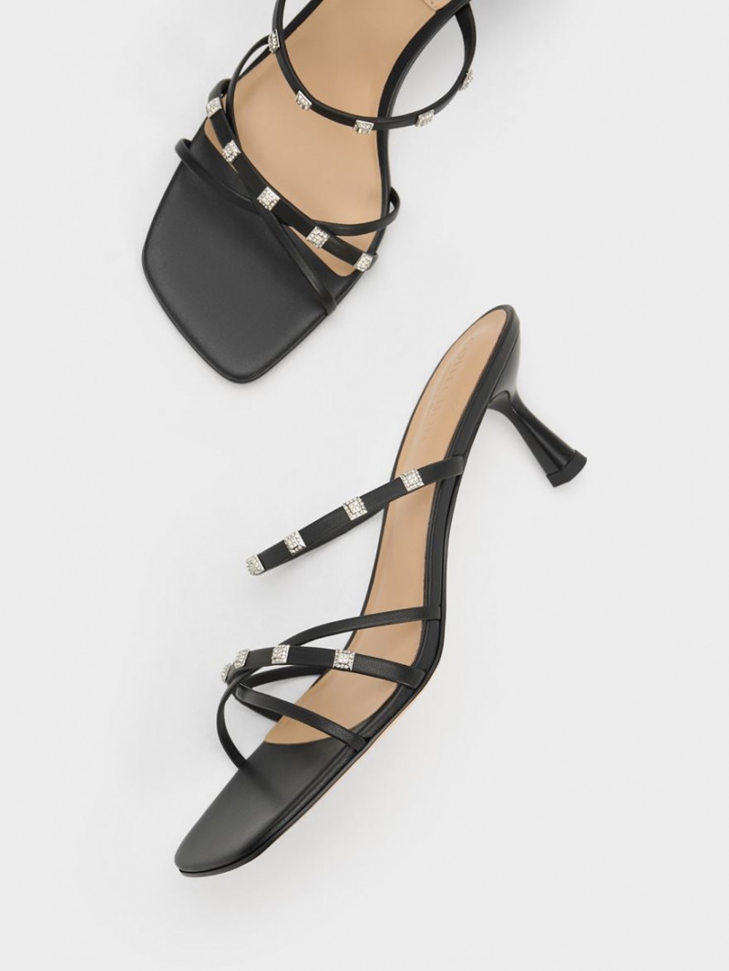 Mules Charles & Keith Square Crystal-Embellished Piele Toc Negrii | 317GZPMIR