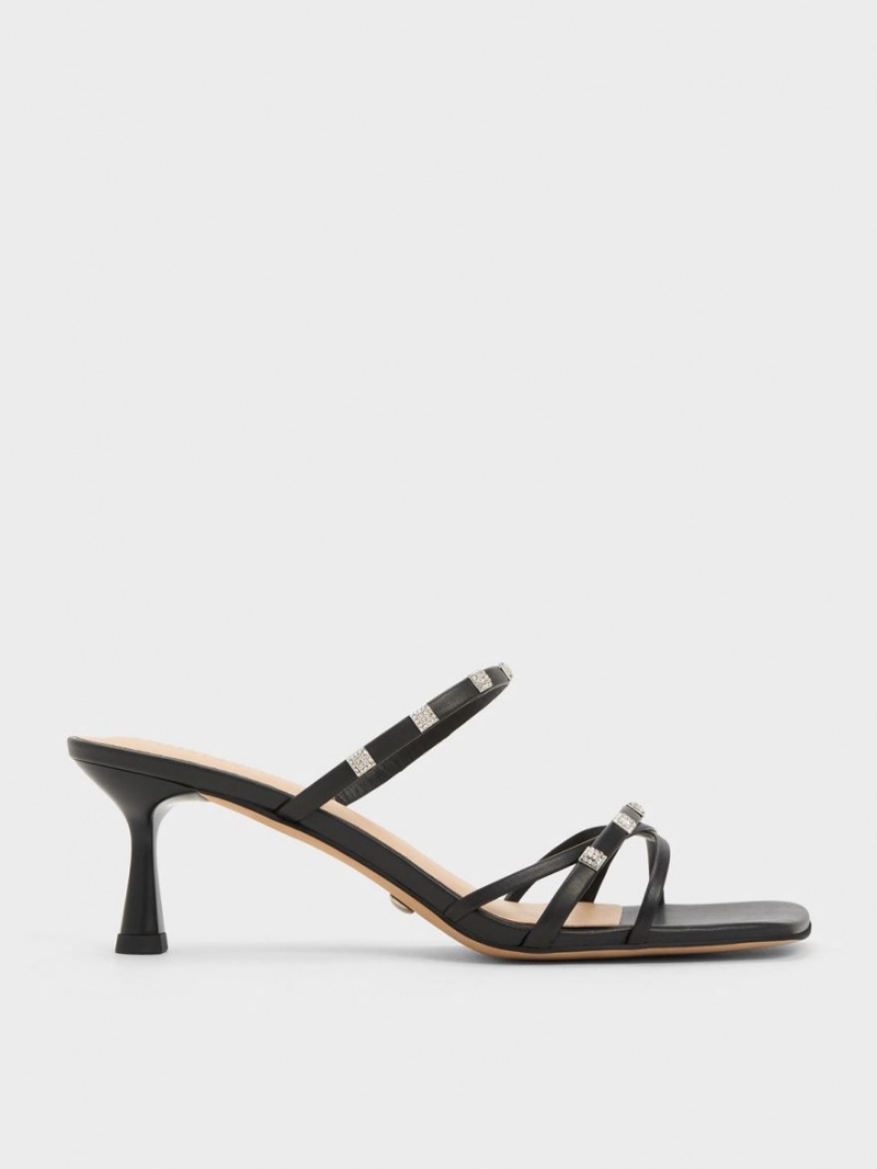 Mules Charles & Keith Square Crystal-Embellished Piele Toc Negrii | 317GZPMIR