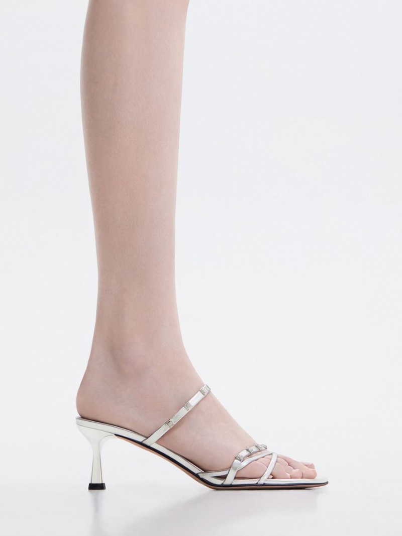 Mules Charles & Keith Square Crystal-Embellished Metallic Piele Toc Argintii | 612HZBVWD
