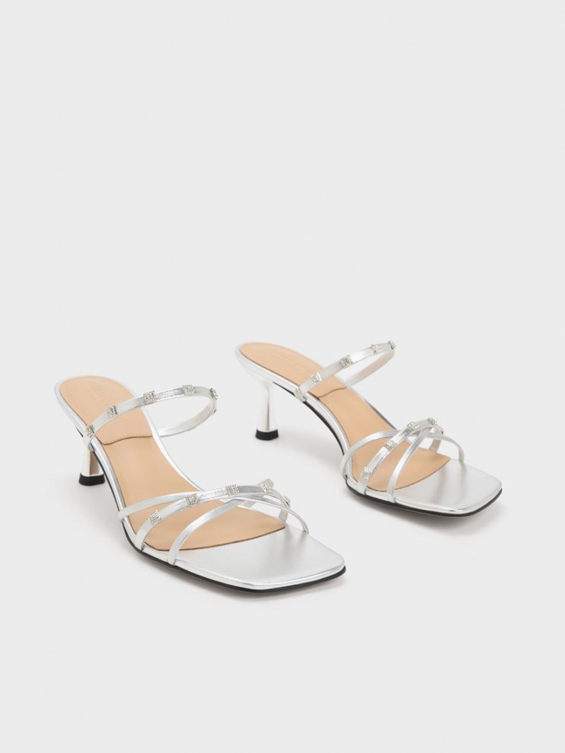 Mules Charles & Keith Square Crystal-Embellished Metallic Piele Toc Argintii | 612HZBVWD