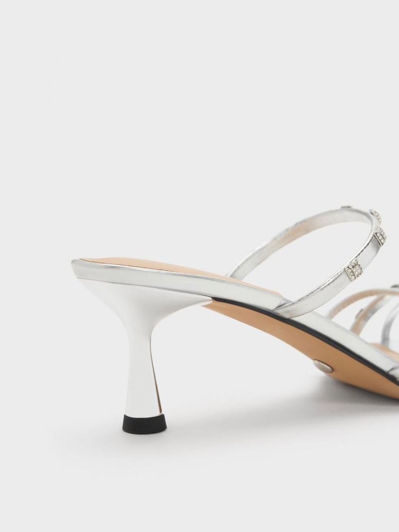Mules Charles & Keith Square Crystal-Embellished Metallic Piele Toc Argintii | 612HZBVWD