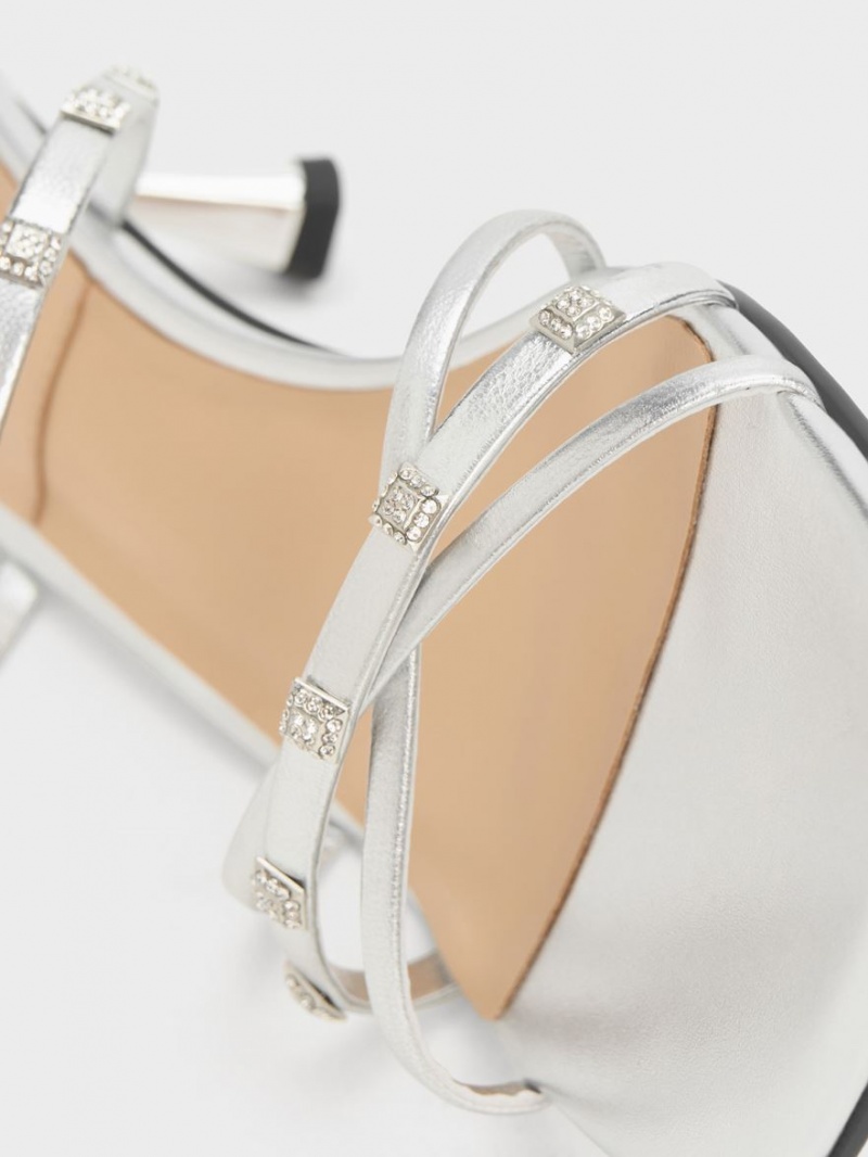 Mules Charles & Keith Square Crystal-Embellished Metallic Piele Toc Argintii | 612HZBVWD