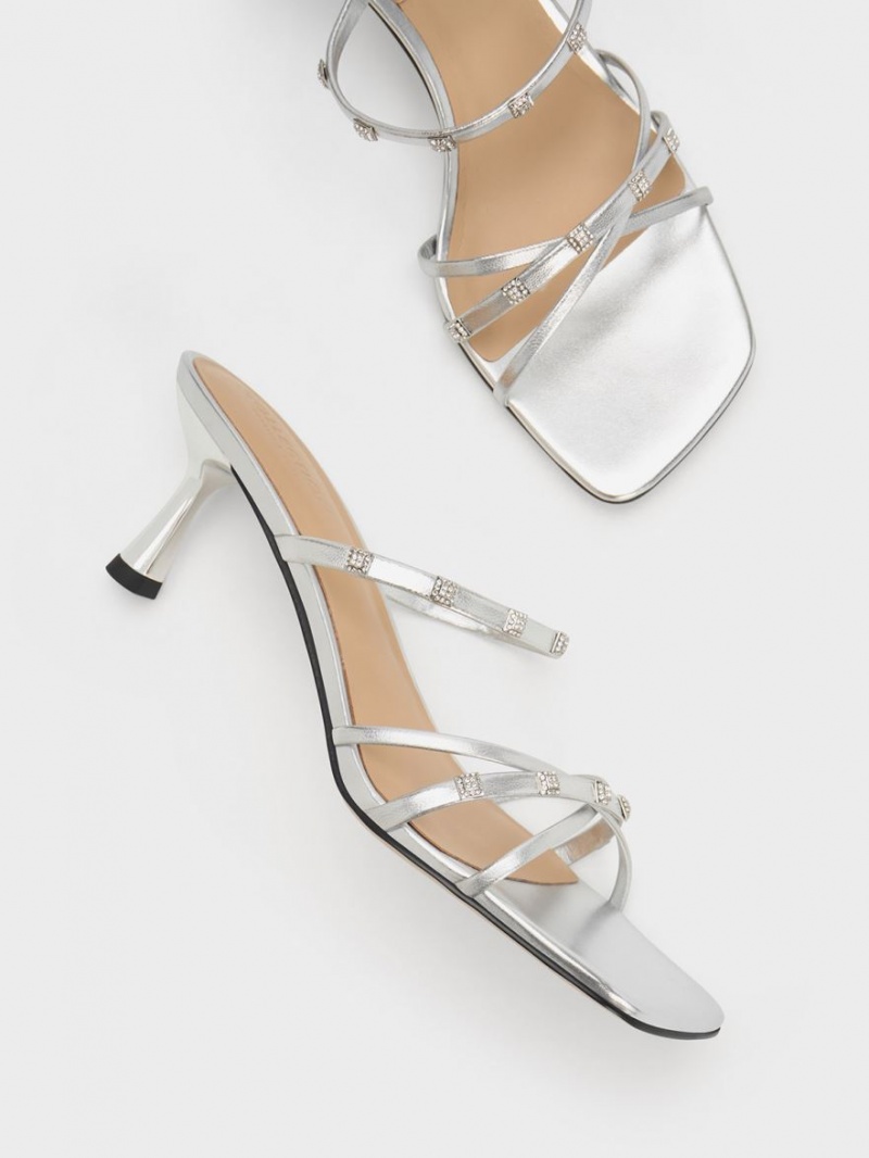 Mules Charles & Keith Square Crystal-Embellished Metallic Piele Toc Argintii | 612HZBVWD