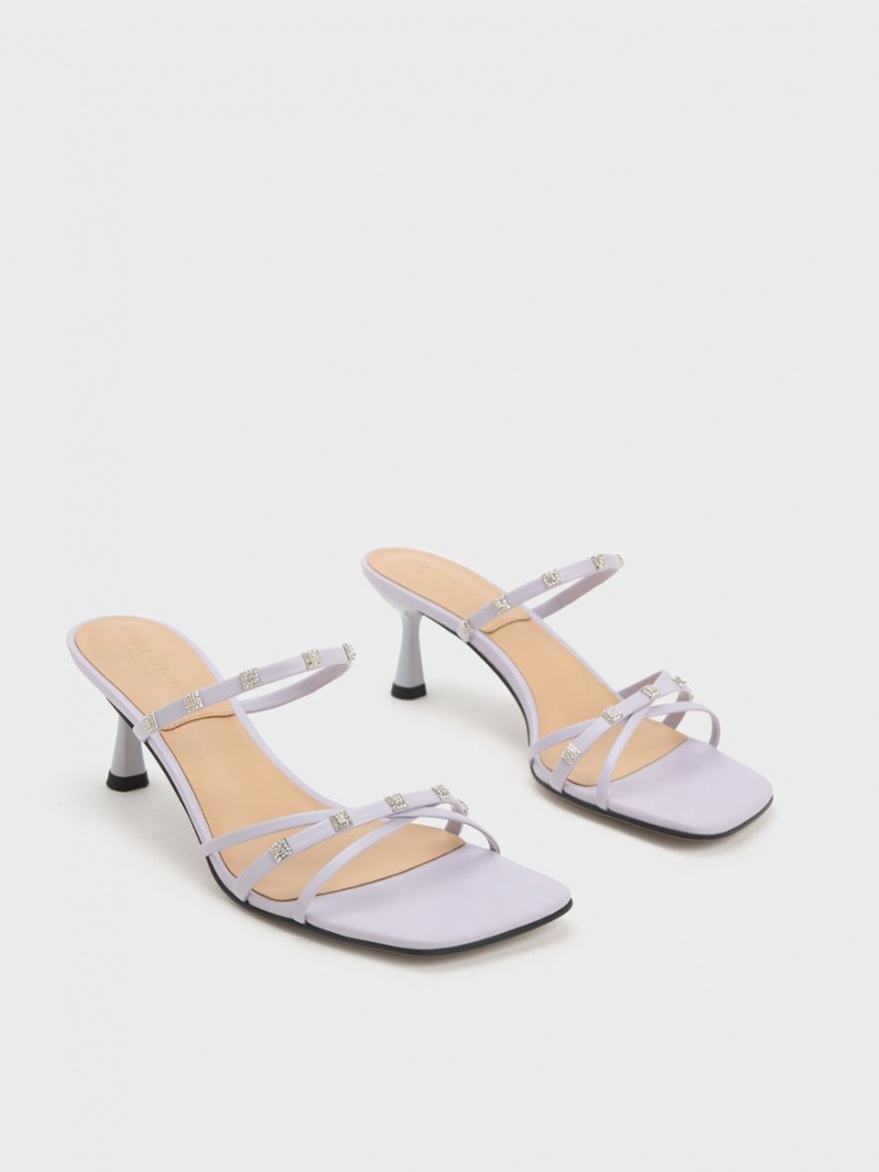 Mules Charles & Keith Square Crystal-Embellished Metallic Piele Toc Violet | 198JHUITM