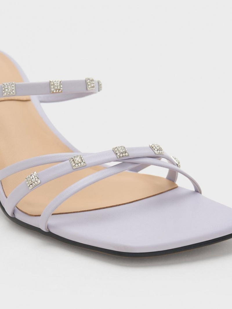 Mules Charles & Keith Square Crystal-Embellished Metallic Piele Toc Violet | 198JHUITM