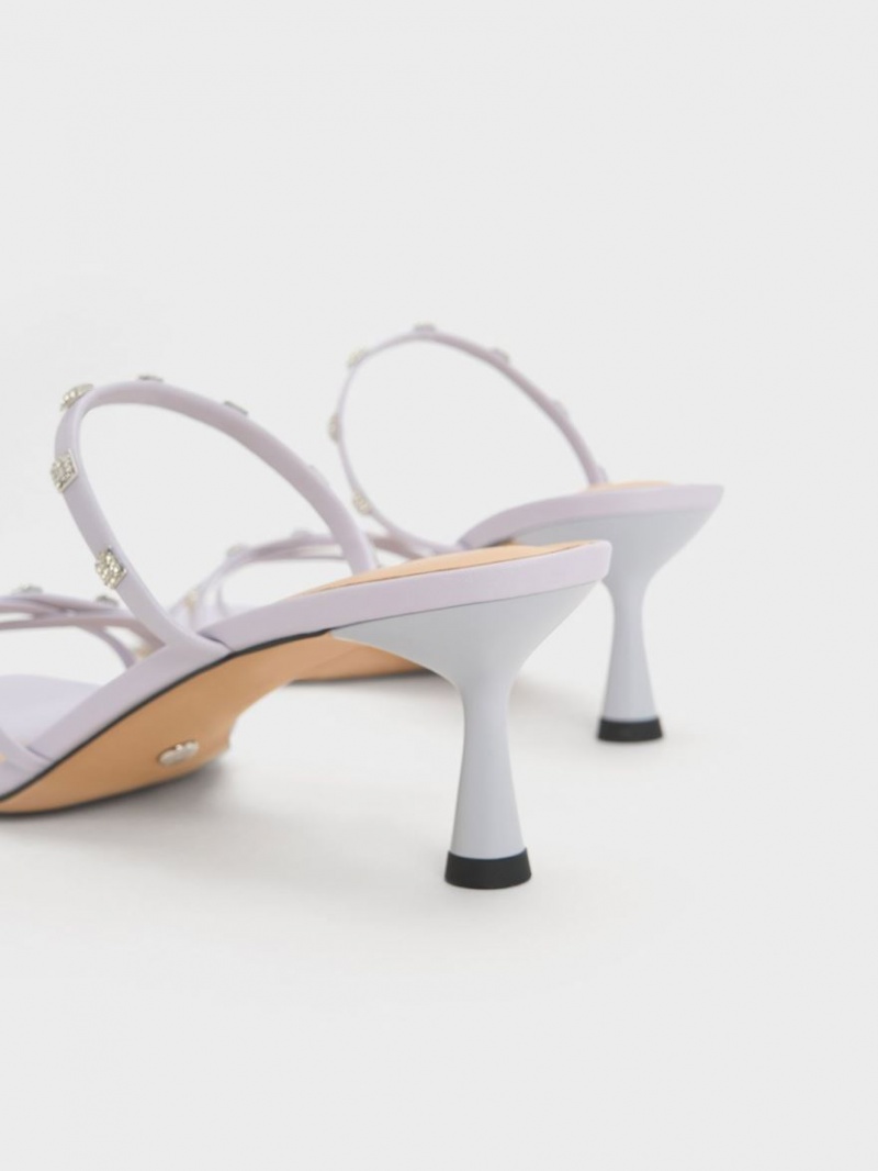 Mules Charles & Keith Square Crystal-Embellished Metallic Piele Toc Violet | 198JHUITM