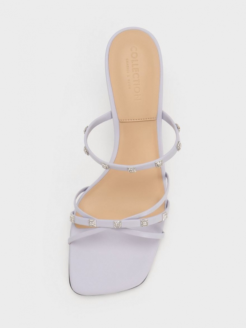 Mules Charles & Keith Square Crystal-Embellished Metallic Piele Toc Violet | 198JHUITM